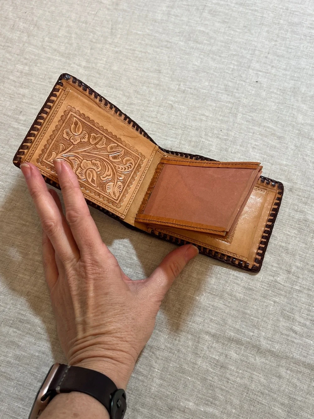 Hand-Tooled Leather Bifold Wallet - Tan with Dark Brown Trim
